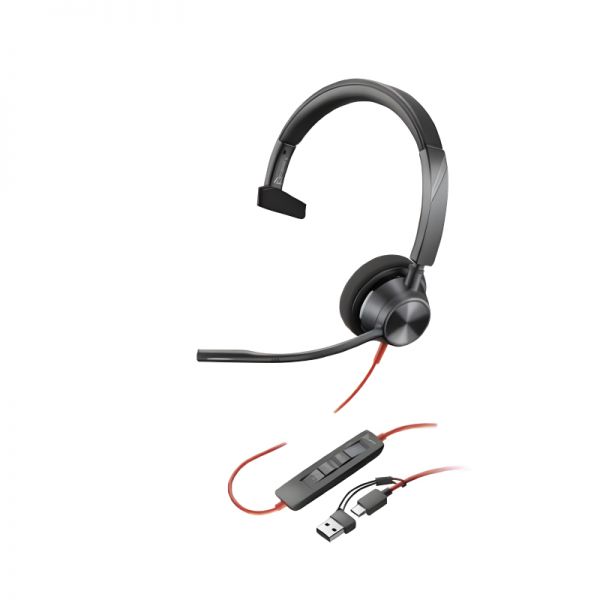 Auscultador monaural POLY Blackwire 3310 com microfone ajustável, almofada em espuma e ligação USB