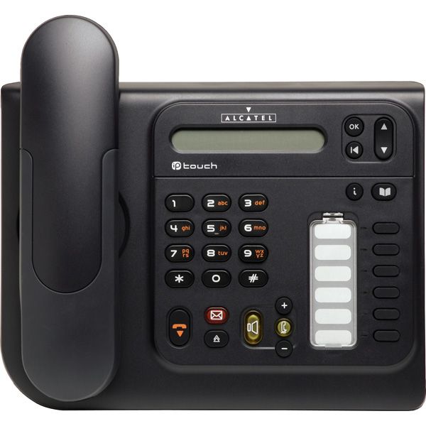 Telefone de mesa Alcatel preto com teclado numérico e visor digital