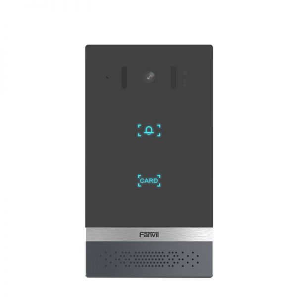 Fanvil i61 montado na parede, com câmara HD grande angular embutida, teclado numérico retroiluminado e leitor RFID