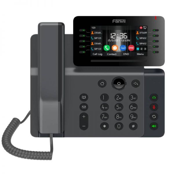 Fanvil V65 em preto, com ecrã LCD a cores de 4,3 polegadas, teclas de função iluminadas
