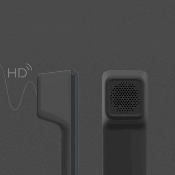 Telefone IP em preto, com ecrã LCD a cores de 4,3 polegadas, teclas de função iluminadas e design moderno