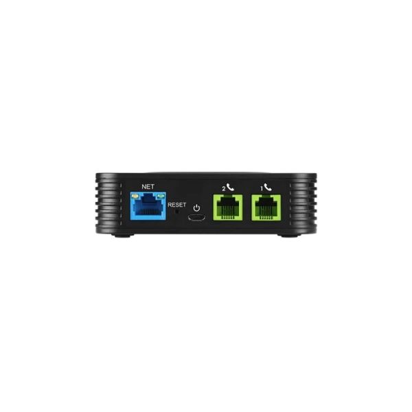 Grandstream HT802 V2 rear panel with two FXS phone ports and Ethernet port