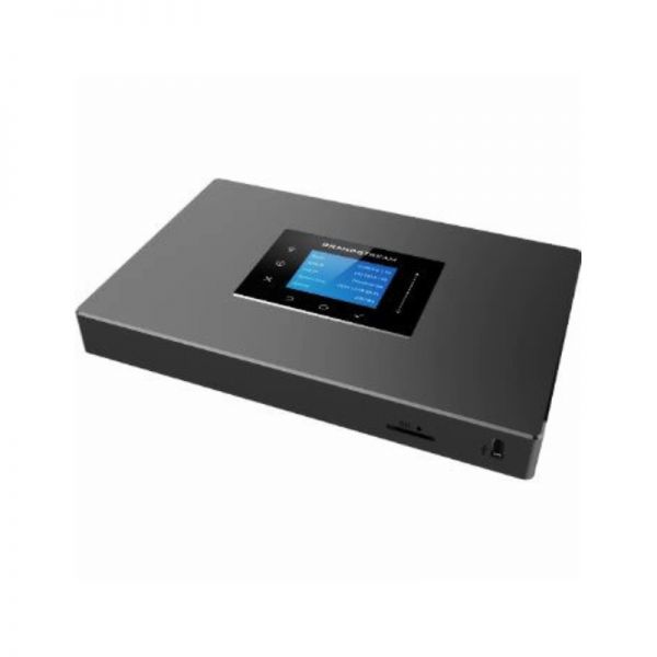 Grandstream UCM6301, dispositivo PBX IP compacto em preto, com ecrã LCD a cores