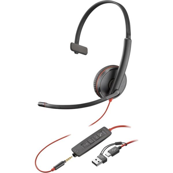 Auscultadores profissionais Poly Blackwire 3215 com microfone ajustável, ligação USB-C/A e jack 3.5mm, ideais para chamadas e videoconferências