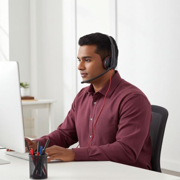Poly Blackwire 3220 USB-C stereo headset worn in office environment