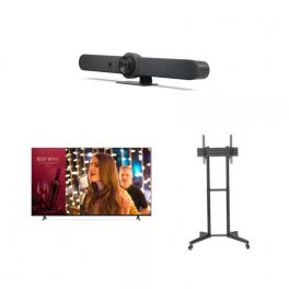 Logitech Rally Bar Graphite + LG Ecrã de TV 75” Serie UN640S + Suporte de pé Neomounts FL50-540BL1
