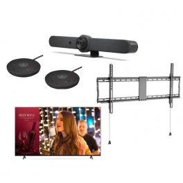 Logitech Rally Bar Graphite + 2 Logitech Rally Mic Pod + LG Ecrã de TV 86” Serie UN640S + Suporte de parede
