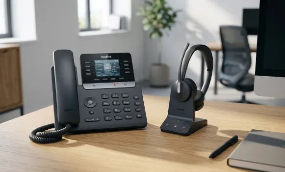Telefone fixo profissional acompanhado de auscultadores com microfone