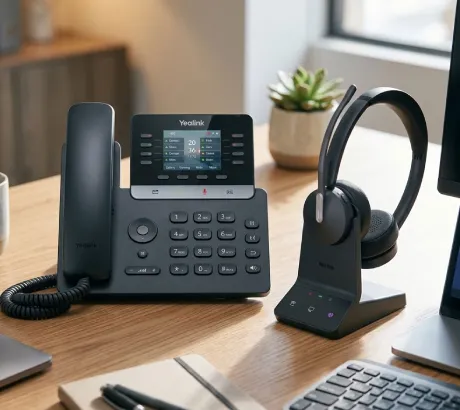 Conjunto profissional com telefone de secretária e auscultadores sem fios com microfone