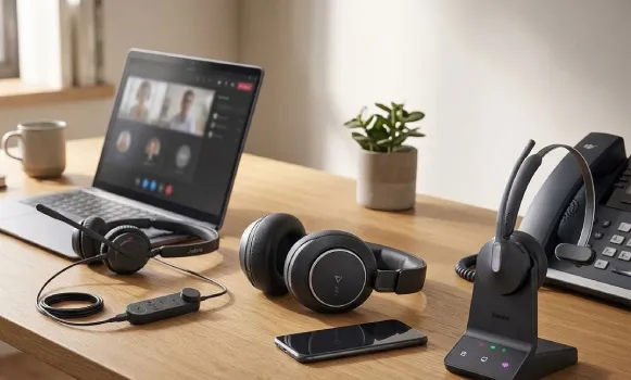Auscultadores para diferentes dispositivos de comunicação Auscultadores profissionais utilizados com um computador e telefone de secretária